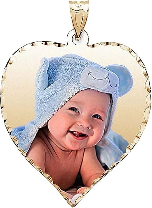 PicturesOnGold.com Personalized Photo Engraved Heart Shaped Picture Necklace with Diamond Cut Edge in Silver, Gold, White Gold or Rose Gold - 1 Inch x 1 Inch