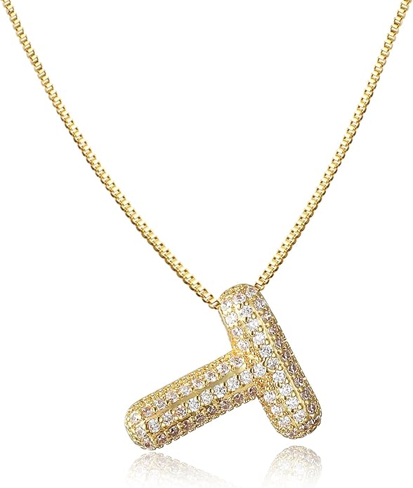 SKQIR Diamond Initial Letter Necklace for Women Bubble Gold Plated Puffy Balloon Alphabet Crystal Zircon Pendant Name Necklace Dainty Charms Trendy Jewelry Gift for Women