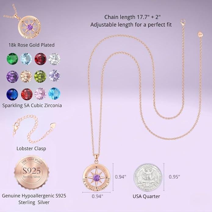 Compass Necklace for Women Wife Girlfriend Mom Daughter Gifts S925 Sterling Silver Jewelry For Anniversary Rose Gold Gifts For Birthday Christmas Mothers Valentines Day 12 Birthstones