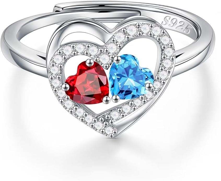 Iefil Adjustable Ring for Women - 925 Sterling Silver Double Birthstone Rings, Anniversary Birthday Gifts for Women Wife Her