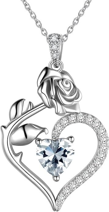 Jewmon Valentine Day Gifts for Her Rose Heart Birthstone Necklace for Women 925 Sterling Silver Birth Stone Flower Rose Necklace Anniversary Love GIfts for Girlfriend Wife Mom Birthday Gifts for Her