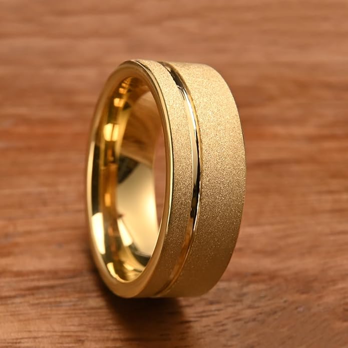 Golden Tungsten Carbide Ring for Men Women 8mm/6mm Sandblasted Inlaid Groove Men's Engagement Wedding Bands Fashionable and Luxurious