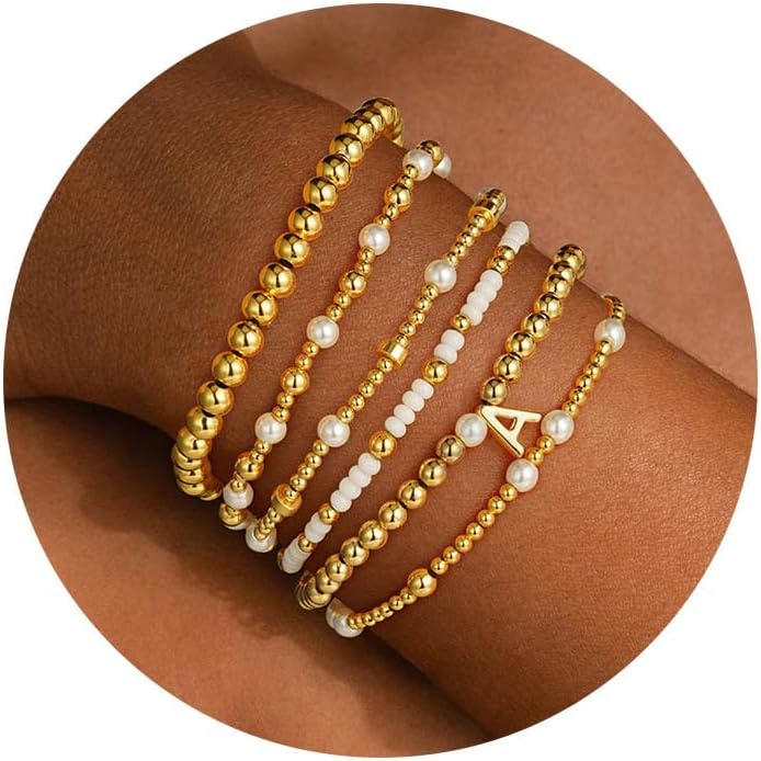 Turandoss 6PCS Beaded Initial Bracelets for Women Girls Valentines Day Gifts - 18K Gold Plated Beaded Initial Letter Bracelet Initial A-Z Stretch Bead Stackable Bracelet Valentines Day Gifts for Her