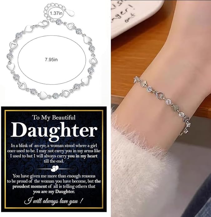 To My Daughter Bracelet, Silver Heart Chain Bracelet with Shiny Stones, Perfect Birthday or Graduation Christmas Gift for Daughter with Message Card and Gift Box