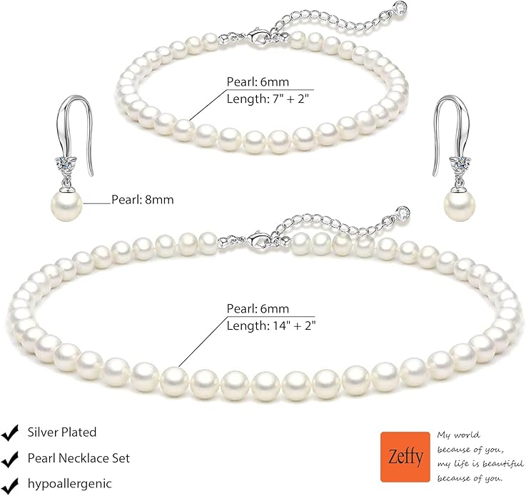 Zeffy Pearl Necklace 4MM/6MM/8MM Dainty Round Imitation Pearl Choker Necklace Wedding Pearl Necklace Delicate Jewelry for Women Simple Bridesmaid Jewelry Gifts