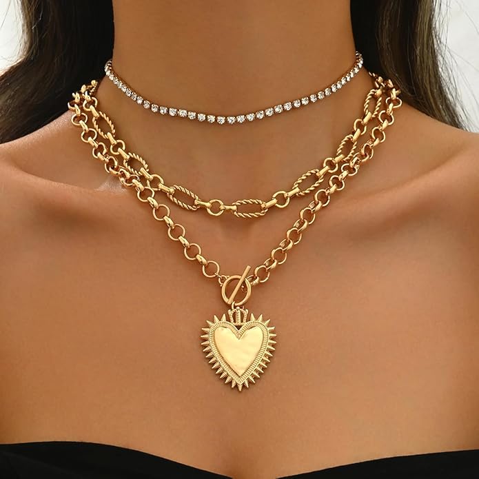 Chunky Gold Necklace Big Heart Necklace for Women Silver Large Statement Necklaces Thick Bold Chain Puffy Love Heart Charm Necklaces for Women with OT Toggle Silver Chunky Gold Jewelry Trendy Valentine's Day Gift