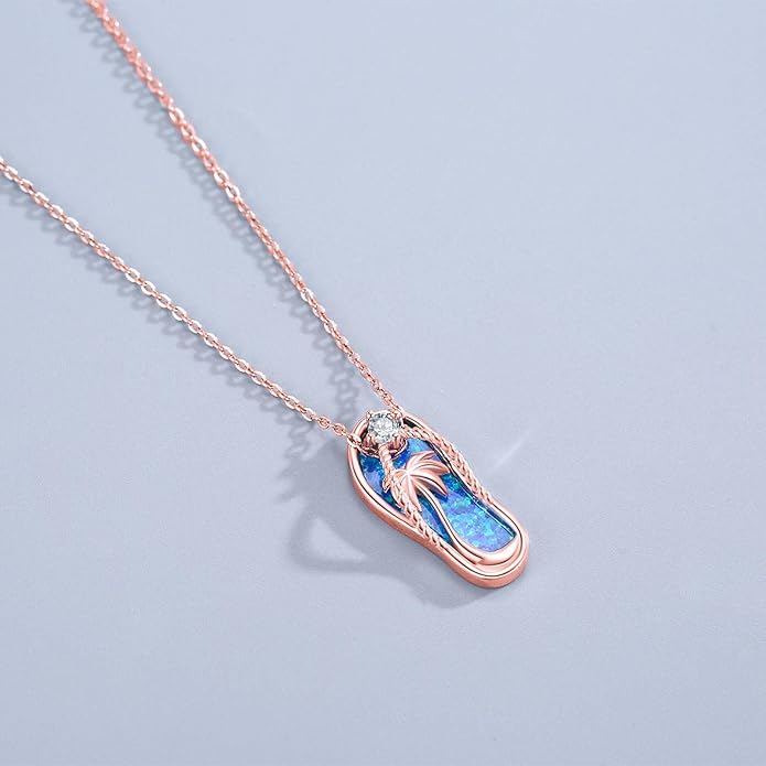 Midir&Etain Ocean Necklace 925 Sterling Silver Blue Opal Necklace Starfish/Flip Flop/Shark Pendant Beach Ocean Jewelry for Women