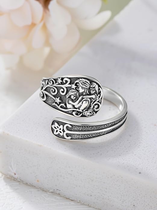 Midari Sun and Moon/Bee/Celtic/Life of Tree/Lotus Spoon Ring for Women 925 Sterling Silver Adjustable Ring Open Ring for Women Men Halloween Birthday Gift