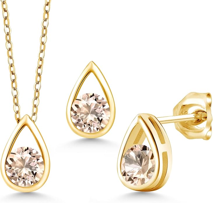 Gem Stone King 18K Yellow Gold Plated Silver 5MM Round Gemstone Birthstone Teardrop Pendant Earrings Set | Jewelry Set for Women | With 18 Inch Chain