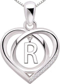 ALOV Jewelry Sterling Silver Initial Letter Alphabet Love Heart Cubic Zirconia Pendant Necklace