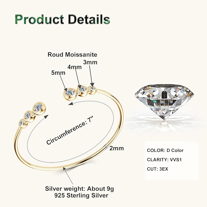 Moissanite Cuff Bangle, 1.8cttw D Color VVS1 Clarity Bracelet fit 7" Below Wrist, 925 Sterling Silver Bangle for Women Wife or Girlfriend Birthday Gifts