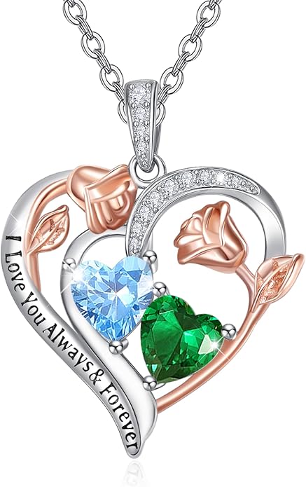 Valentine's Day Gifts for Wife 925 Sterling Silver Double Birthstone Pendant Necklaces I Love You for Always and Forever Necklace Anniversary Birthday Gifts for Wife Girlfriend Mom Her