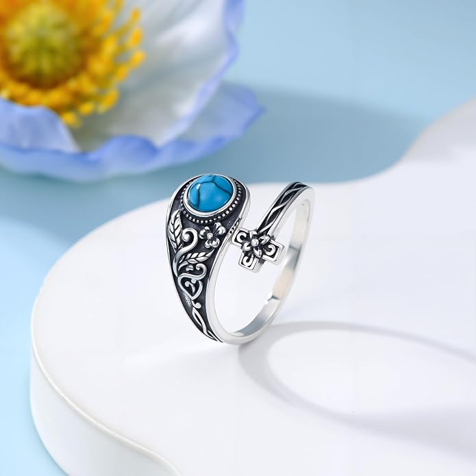 PELOVNY Spoon Rings for Women 925 Sterling Silver Vintage Cross Tree of Life Turquoise Adjustable Thumb Rings Jewelry Gifts for Women Men
