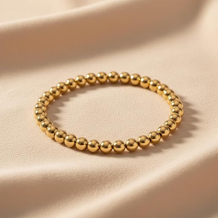 6 PCS Stackable Gold Bead Bracelet for Women | Stretch Elastic 14K Gold Plated Bohemian Sphere Beads | Hypoallergenic