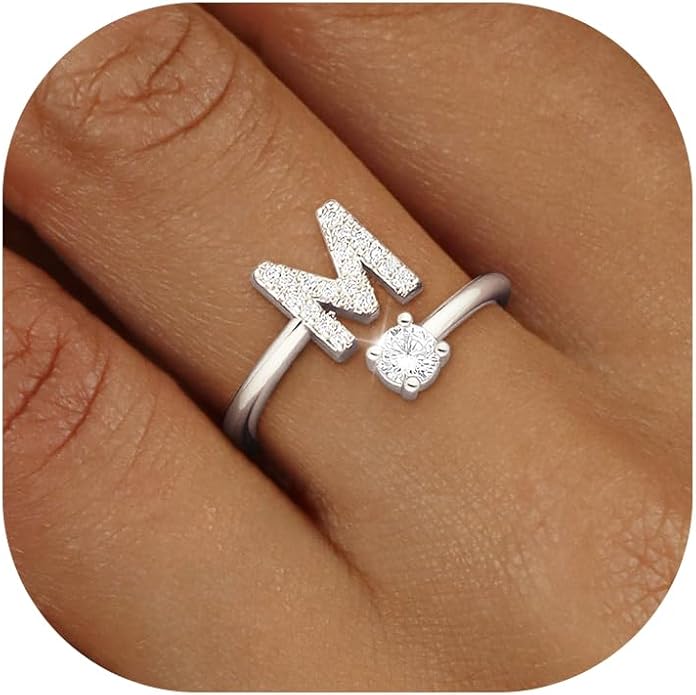 Valentines Day Gifts Gold Silver Initial Rings for Women Non Tarnish Dainty 14k Gold Plated Stackable Rings for Women Trendy Adjustable Letter Cubic Zirconia Pinky Ring Cute Open Birthday Gift Jewelry