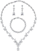 Wedding Jewelry for Bride, Silver Bridal Necklace Earrings Bracelet Set with Clear Cubic Zirconia, Bridemaids Jewelry Set for Wedding, Crystal Wedding Party Jewelry Set for Women Girls