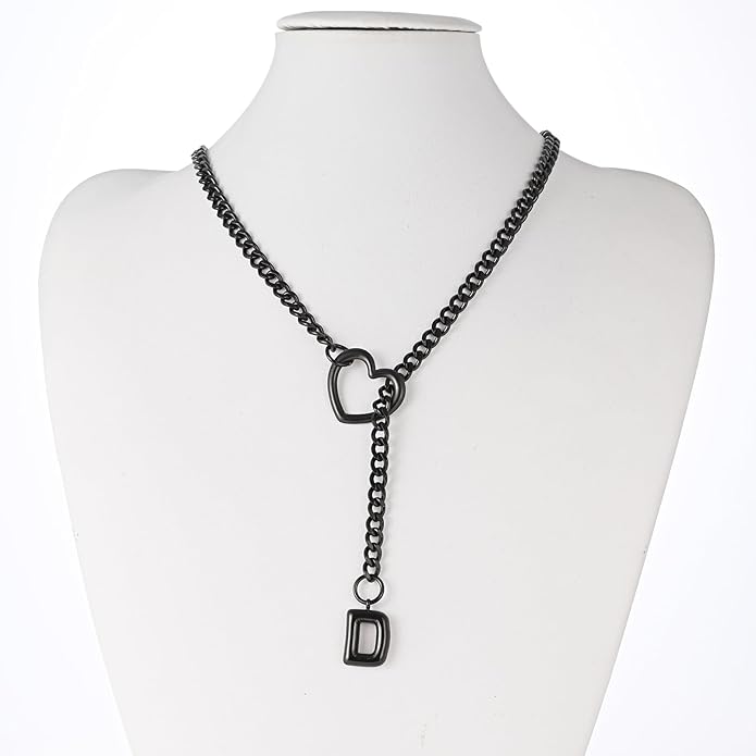 Black Heart Slip Chain Initial Necklaces for Women,Stainless Steel O-Ring Adjustable Lariat Heart Y-Necklace,Punk Gothic Cuban Collar Choker Necklace for women