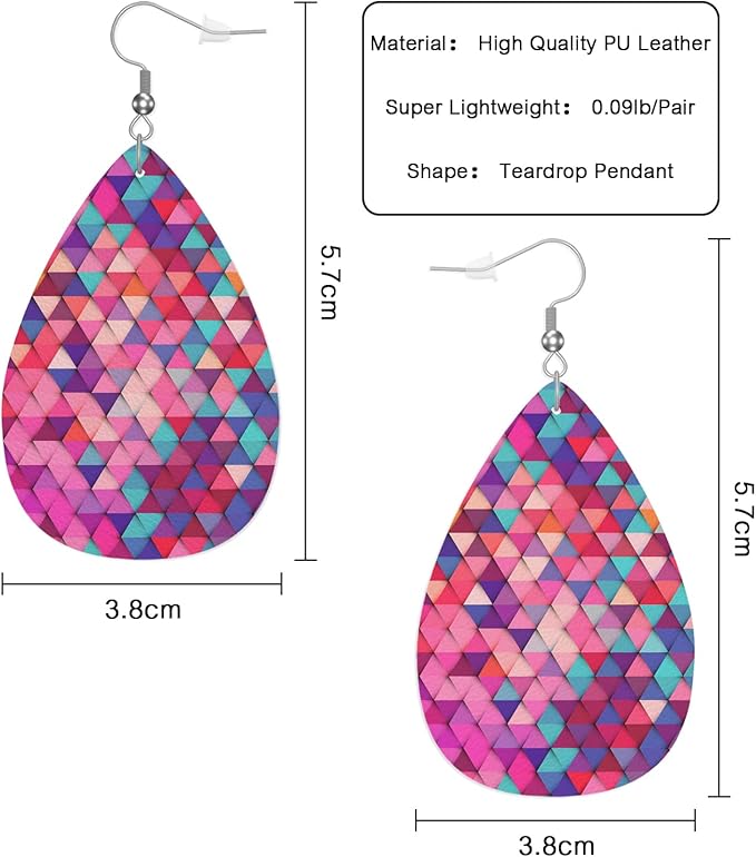 Geometric Pattern Woman Earrings, Abstract Fashionable Bright Colors Triangle Lightweight Leather Dangle Teardrop Earrings Jewelry For Ladies Friends