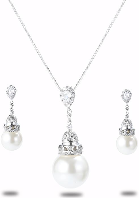 Jewelry set for Women Trendy Elegant 14K Gold/Silver Plated Imitation Pearl Necklace Pendant Earrings and Ring Inlaid With CZ - Wedding Fashionable Jewelry Gift