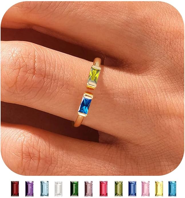 WFYOU Gold Birthstone Rings for Women - Non Tarnish Dainty 14K Gold Plated Stackable CZ Rings for Her & Couples - Personalized Jewelry Gift for Birthday