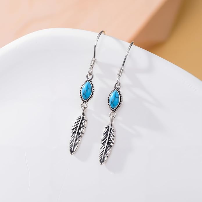 Feather Earrings for Women 925 Sterling Silver Western Boho Drop Dangle Earrings Vintage Feather Jewelry Gifts