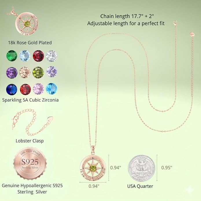 Compass Necklace for Women Wife Girlfriend Mom Daughter Gifts S925 Sterling Silver Jewelry For Anniversary Rose Gold Gifts For Birthday Christmas Mothers Valentines Day 12 Birthstones