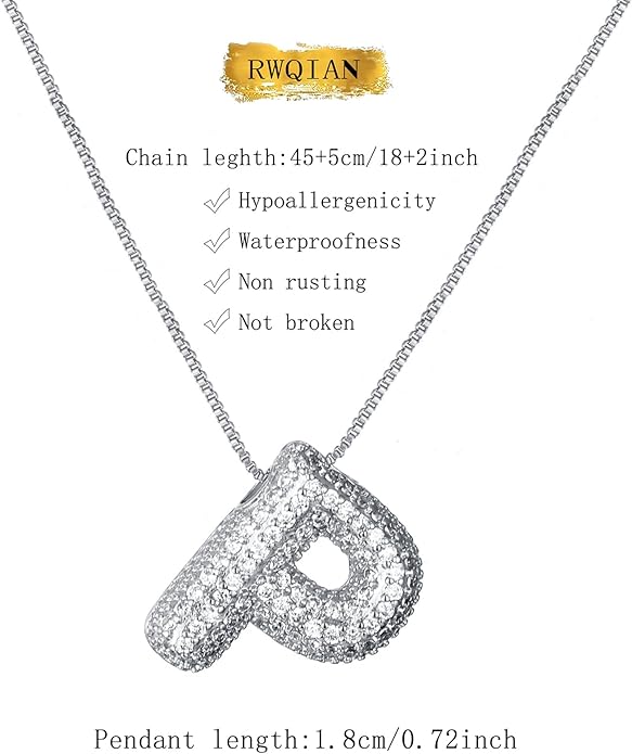 RWQIAN Letter Necklace for Women Bubble, Chunky Initial Alphabet A-Z Pendant Puffy Name Personalized Necklace Dainty Zircon CZ Fashion Jewelry Gifts for Girls Girlfriend