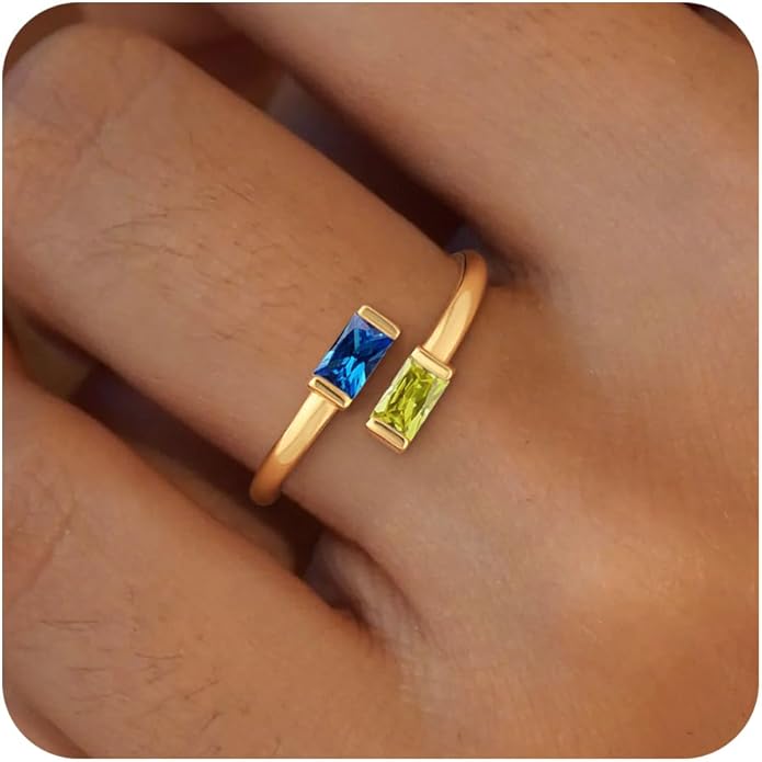 Honsny Gold Birthstone Rings for Women Non Tarnish 14K Gold Plated Adjustable Emerald Ring Cubic Zirconia Gemstone Promise Ring for Her Engagement Personalized Waterproof Jewelry Gifts for Birthday