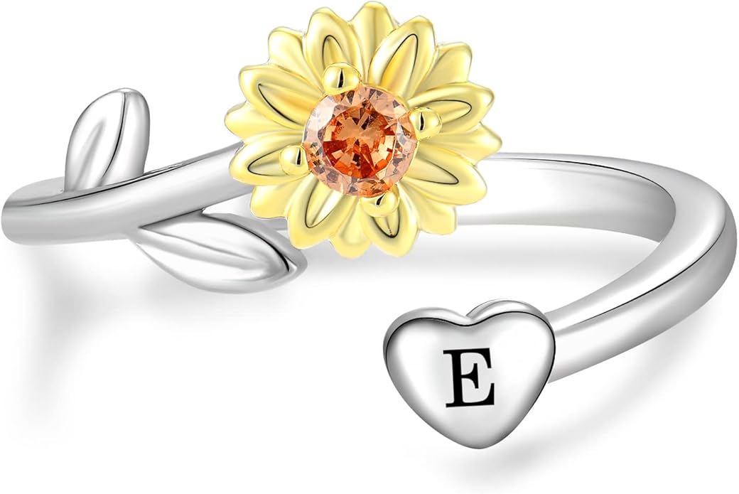 STARCHENIE Sunflower Initial Ring for Women 925 Sterling Silver Letters A-Z 26 Alphabet Adjustable Ring Size 7