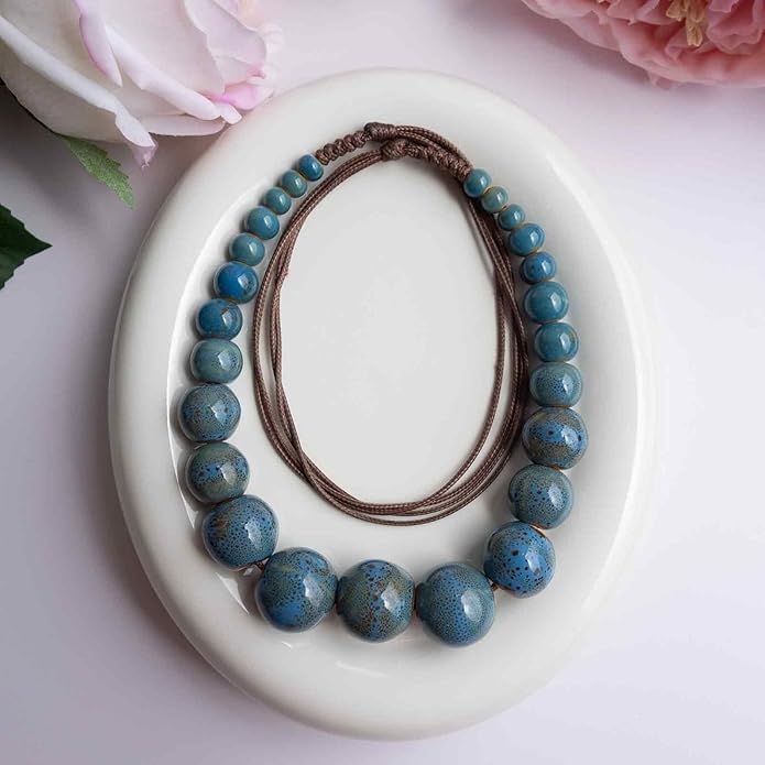 Boho Round Colorful Ceramic Beaded Necklace, Adjustable Hippie Statement Necklace, Handmade Ethnic Jewelry Gift for Women