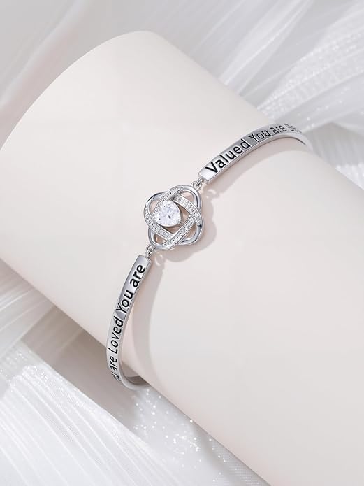 Valentines Day Gifts for Her, 18k White Gold Plated Love Knot Bracelets, Engraved Inspirational and Sentiment Bangle, Anniversary Birthday Jewelry Gift for Lover Wife Girlfriend Sister Friends