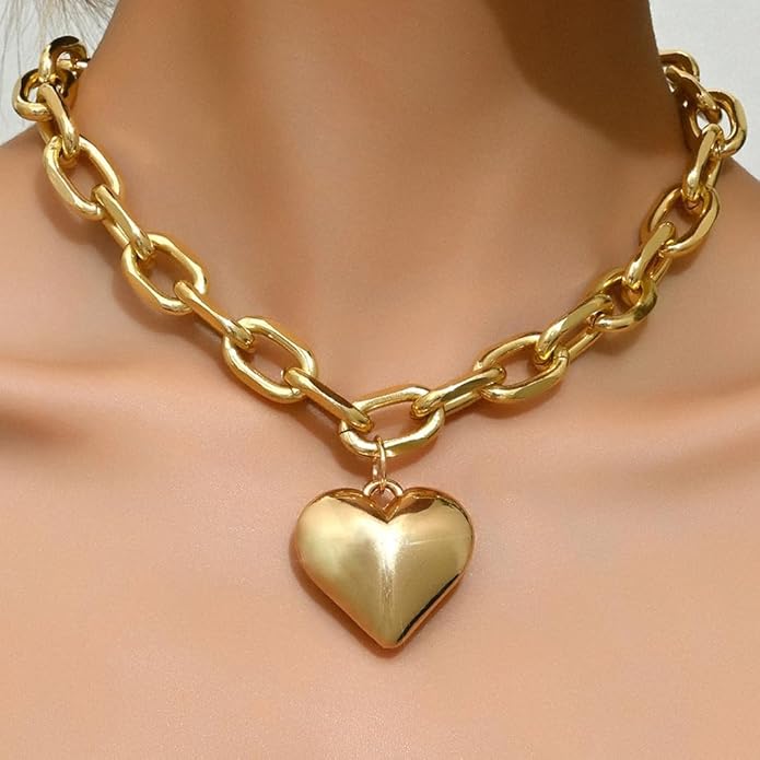 Chunky Gold Heart Necklace for Women,Y2K Big Heart Statement Necklace Long Puffy Hearts Chain Charm Necklaces Trendy Jewerly