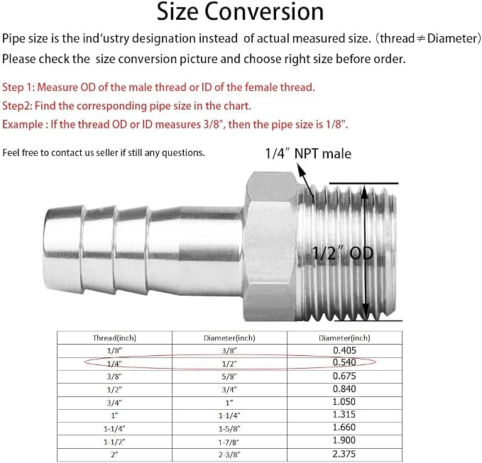 Stainless Steel Hose Barb Fitting 3/16" Hose Barb to 1/4" NPT Male Thread - Image 2