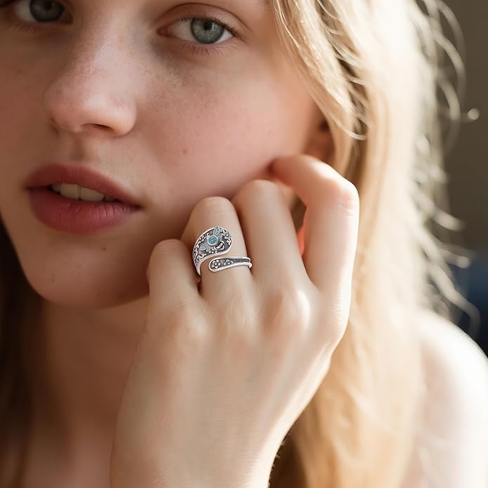 VONALA Vintage Sterling Silver Honeybee Spoon Ring with Crushed Turquoise, Symbolic Women's Jewelry, Meaningful Gift for Her, Mother's Day, Anniversary, Self-Love, Adjustable Size 6–8