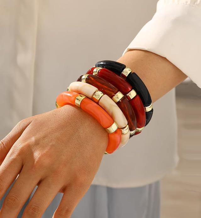 iF YOU 6pcs Chunky Acrylic Bangle Bracelets for Women, Resin Bamboo Brown Stretchy Bracelet Stack, Fashion Jewelry for Women