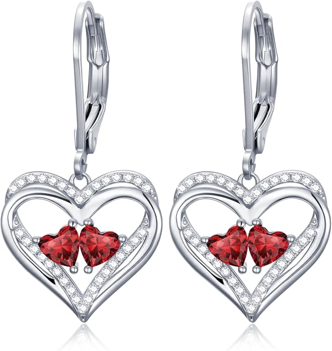 Valentines Day Gifts for Women, Heart Leverback Earrings Double Birthstone Dangle Earrings for Women, Love Jewelry for Her, Anniversary Birthday Gift for Mom Wife Girlfriend