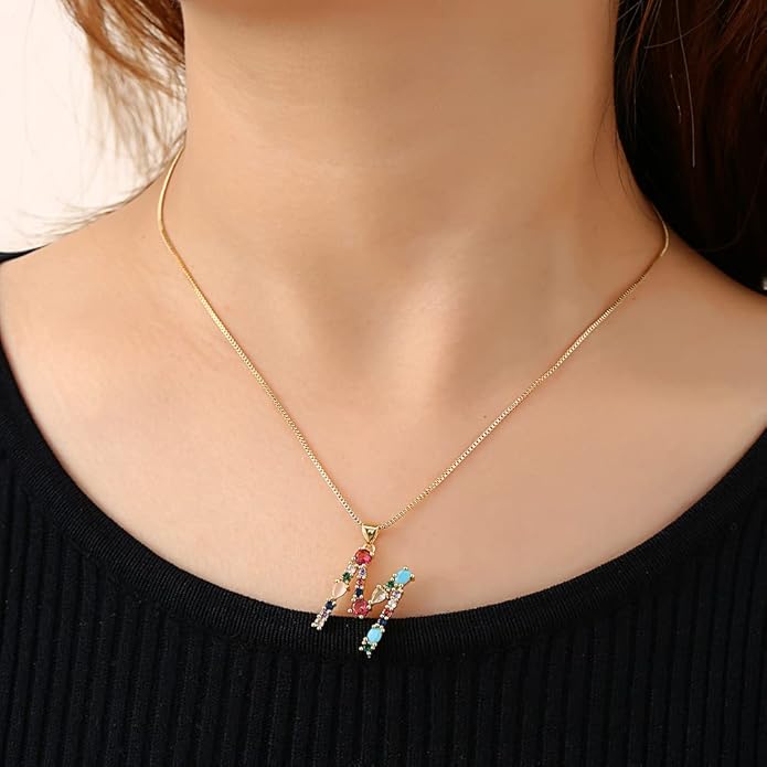 Eben-Ezer 18K Gold Box Chain Choker Initial Necklace Multi-Color Zircon Letter Pendant Script Name Custom Necklace for Women Gift Alphabet 26 A-Z