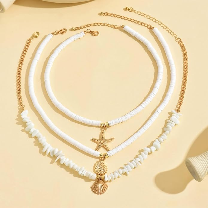 Gold Sea Shell Necklace Layered Charm Necklace for Women Boho Summer Seashell Beach Starfish Necklaces 14k Pearl Chain Surfer Jewelry Beach Vacation Essentials