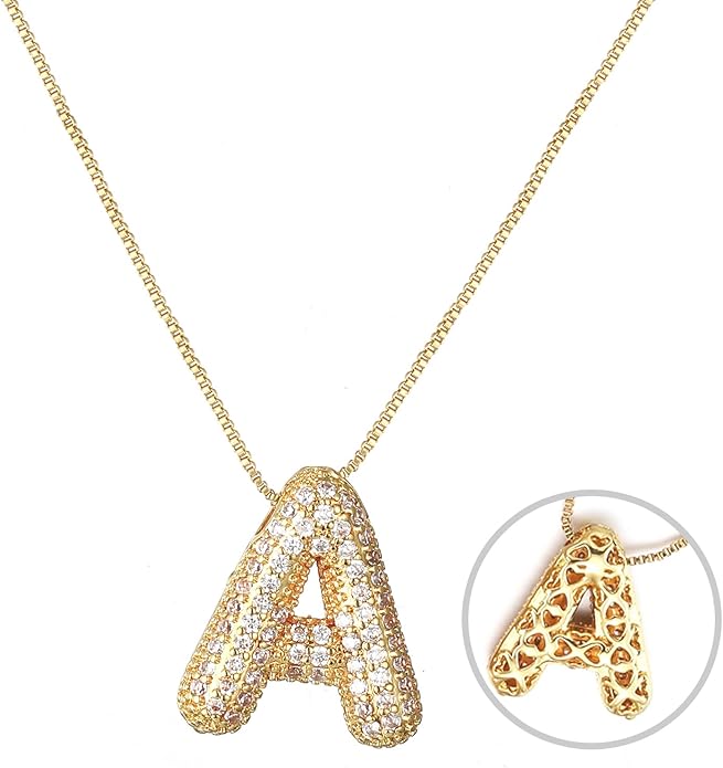 RWQIAN Letter Necklace for Women Bubble, Chunky Initial Alphabet A-Z Pendant Puffy Name Personalized Necklace Dainty Zircon CZ Fashion Jewelry Gifts for Girls Girlfriend
