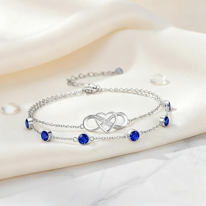 Prismata Infinity Birthstone Charm Link Bracelet 925 Sterling Silver Adjustable 12 Months Birthstone Infinity Bracelet Birthday Jewelry Gifts for Women Mom Her,with 7"+2" chain