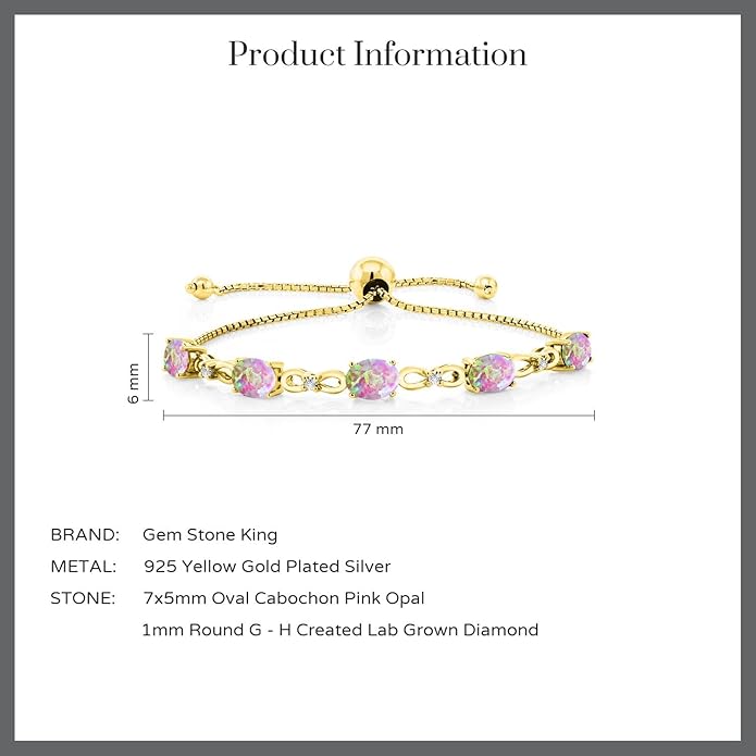 Gem Stone King 7X5MM Oval Cut Gemstone Birthstone and Accent Lab Grown Diamond Tennis Bracelet For Women In 18K Yellow Gold Plated Silver | Adjustable Bolo Bracelet For Women | Easy-On Easy-Off
