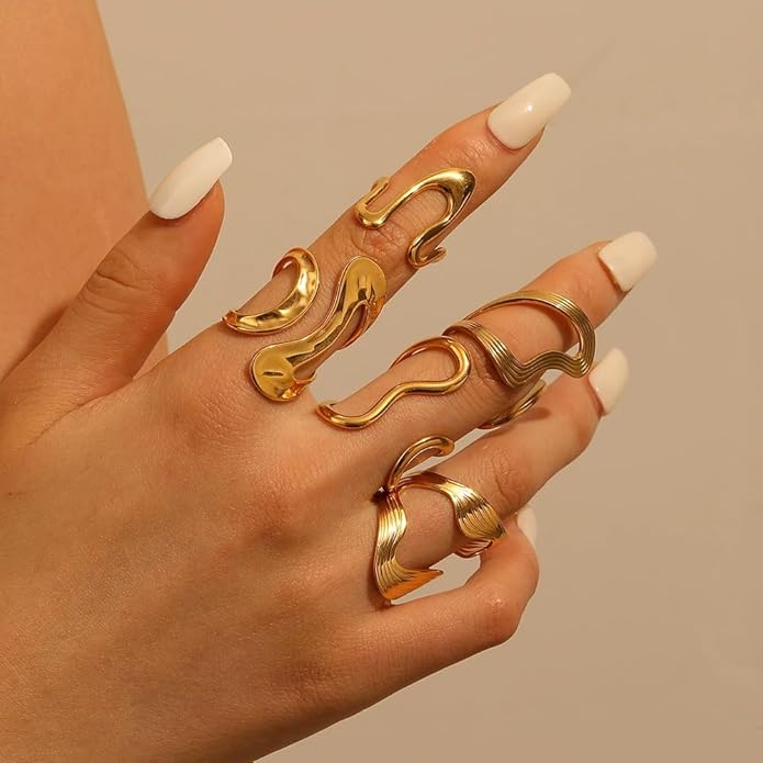 Chunky Rings For Women, Gold Silver Thumb Ring Asymmetrical Wavy Curve Ring Adjustable Non Tarnish Dainty Stainless Steel New Year Anniversary Birthday Jewelry Gift