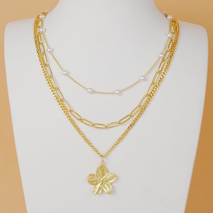YEEZII Layered Gold Necklaces for Women Trendy, 3 Pcs 14K Gold Plated Choker Paperclip Box Chain Necklace, Stackable Women's Gold Pendant Necklaces Jewelry Set