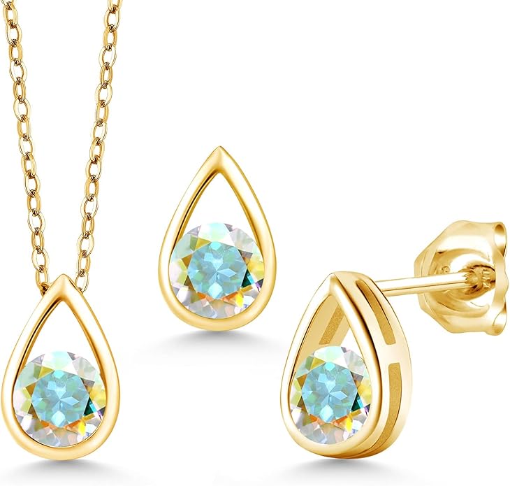 Gem Stone King 18K Yellow Gold Plated Silver 5MM Round Gemstone Birthstone Teardrop Pendant Earrings Set | Jewelry Set for Women | With 18 Inch Chain