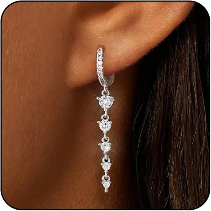 14K Gold Plated Dangle Earrings for Women Dainty Silver Drop Earring Trendy Small Long Dangling Wedding Bridesmaid Hoop Diamond Crystal Cute Earring Jewelry Valentine Gifts