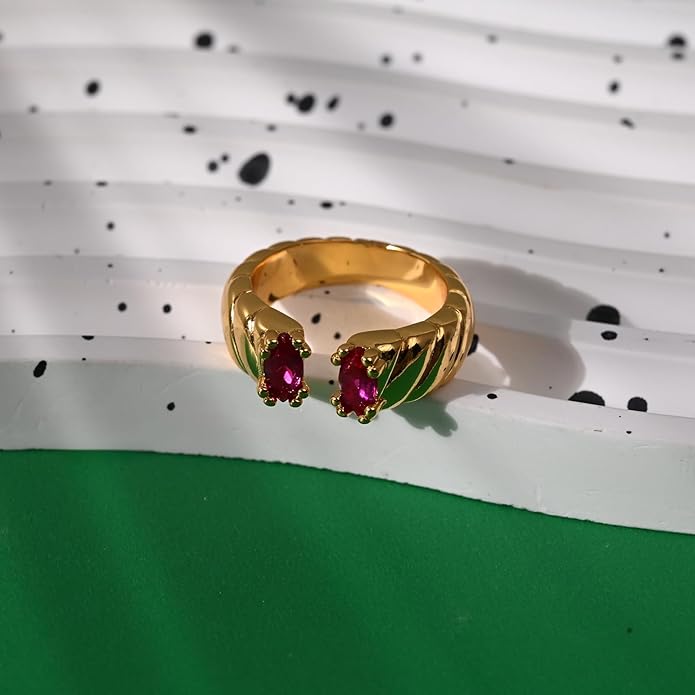 Chunky 18K Gold Adjustable Statement Ring for Women - Green Marquise Crystal Open Band, Vintage-Inspired Luxury Gift
