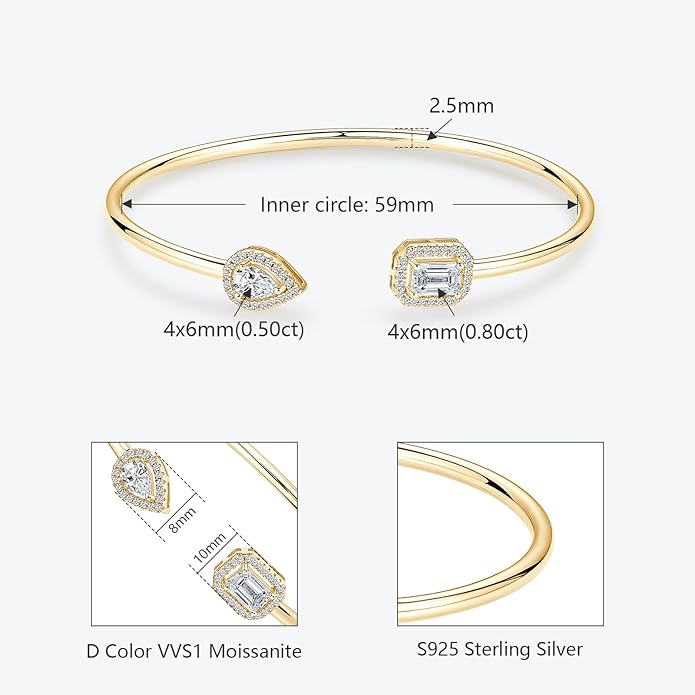 Moissanite Cuff Bangle for Women, D Color 4x6mm Emerald & Pear Moissanite, 925 Sterling Silver Dainty Bridal Cuff Bracelet, Fashion Wedding Jewelry for Her (Gold)