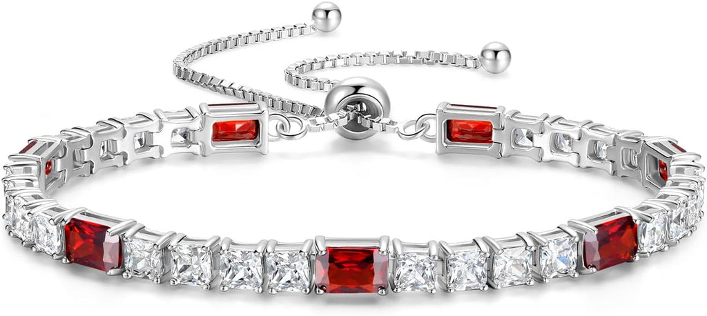 FANCIME Birthstone Bracelet for Women, Sterling Silver 4x6mm Gemstone Tennis Bracelet Bolo Adjustable Chain Fine Jewelry Birthday Gifts for Women Mom Wife Her