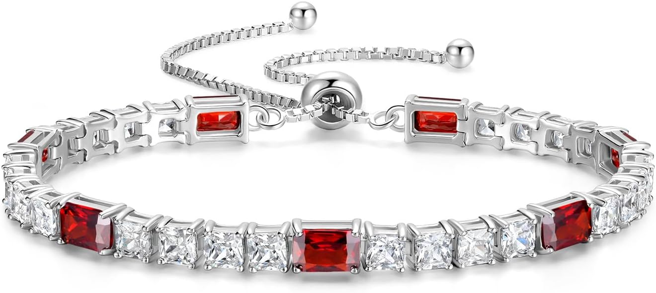 FANCIME Birthstone Bracelet for Women, Sterling Silver 4x6mm Gemstone Tennis Bracelet Bolo Adjustable Chain Fine Jewelry Birthday Gifts for Women Mom Wife Her