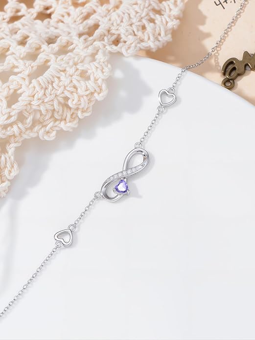 Dorunmo Infinity Heart Anklet Bracelet for Women 925 Sterling Silver Adjustable Infinity Birthstone Bracelet Friendship Jewelry Gifts for Women Birthday Christmas